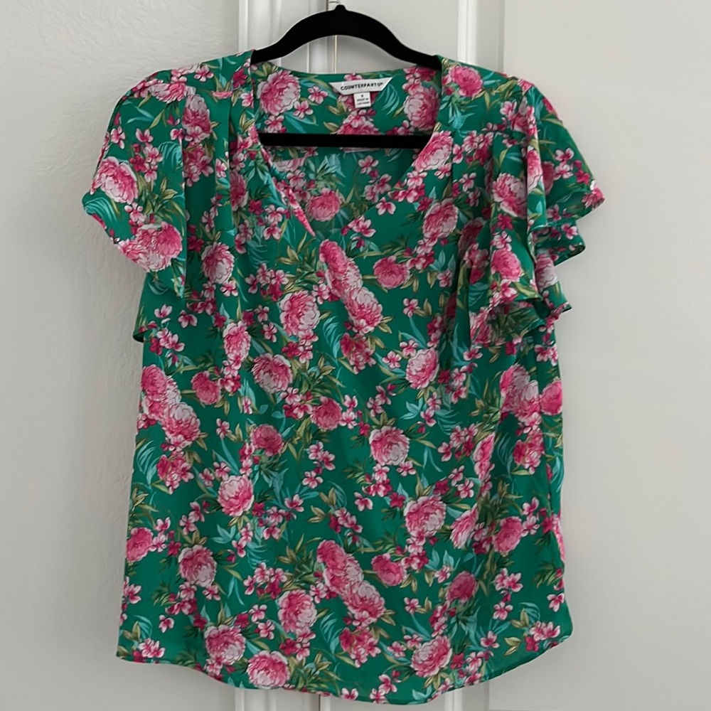 Green with Pink Flower Blouse